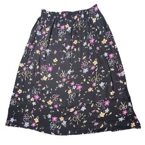Vintage Bobbie Brooks Black Floral Rayon Skirt Pockets Pull On Elastic Size XL